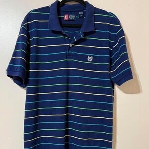 Chaps Polo Shirt Mens Large Navy Blue Striped Short Sleeve Cotton Pique Logo